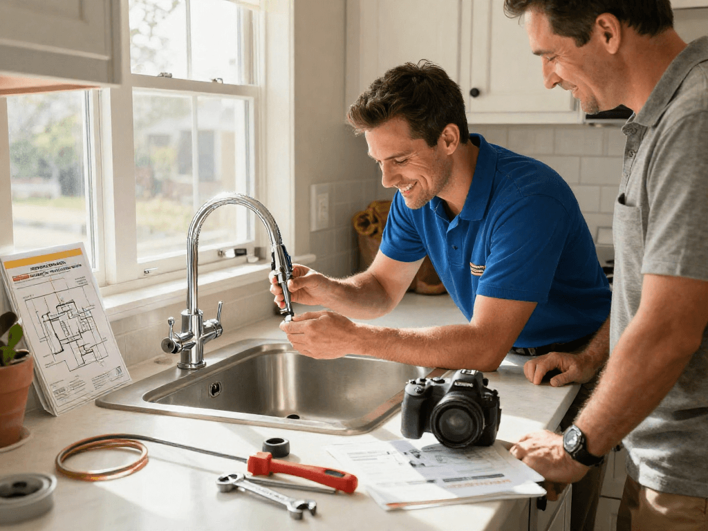 Expert plumber providing plumbing repair Fort Worth services in a well-lit kitchen, showcasing professional tools and friendly service.