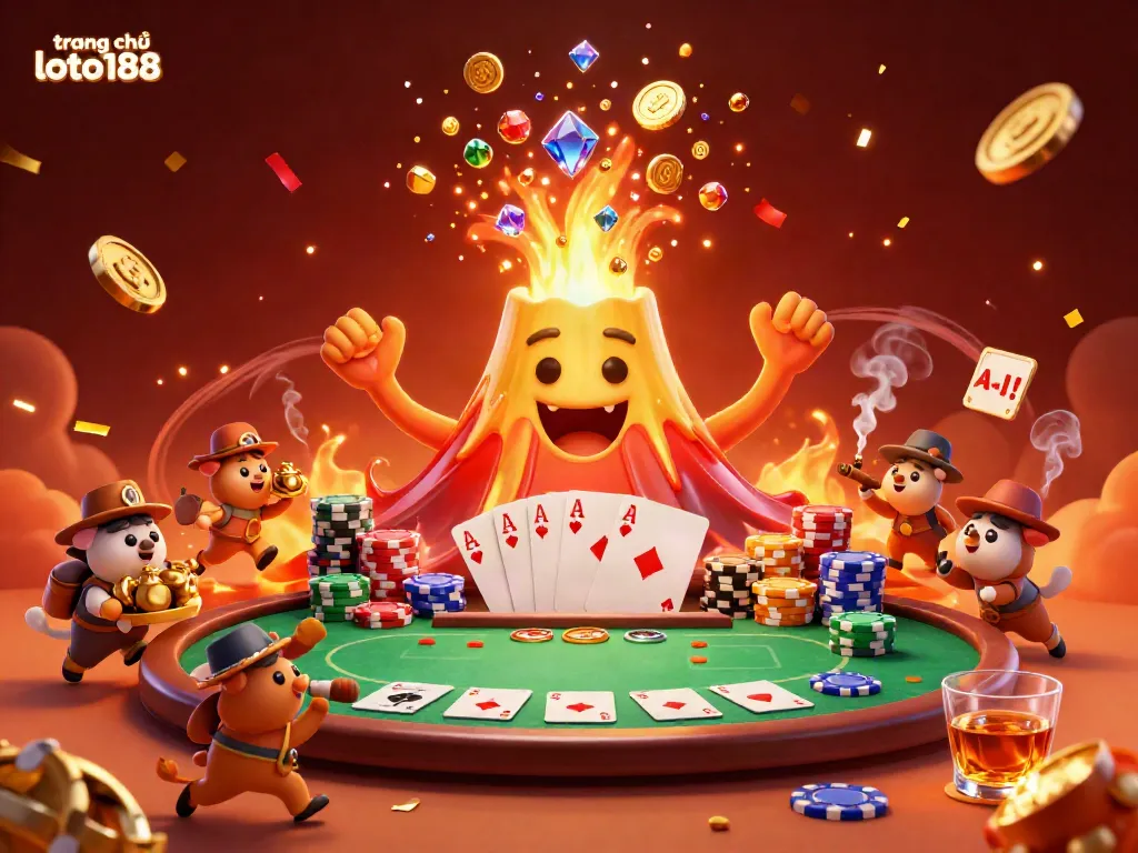 Experience the excitement of trang chủ loto188 with a vibrant 3D casino scene featuring a golden volcano erupting treasures.