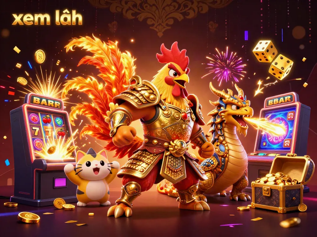 Xem thêm eye-catching scene of a rooster warrior, dragon, and fortune cat amidst vibrant casino elements.
