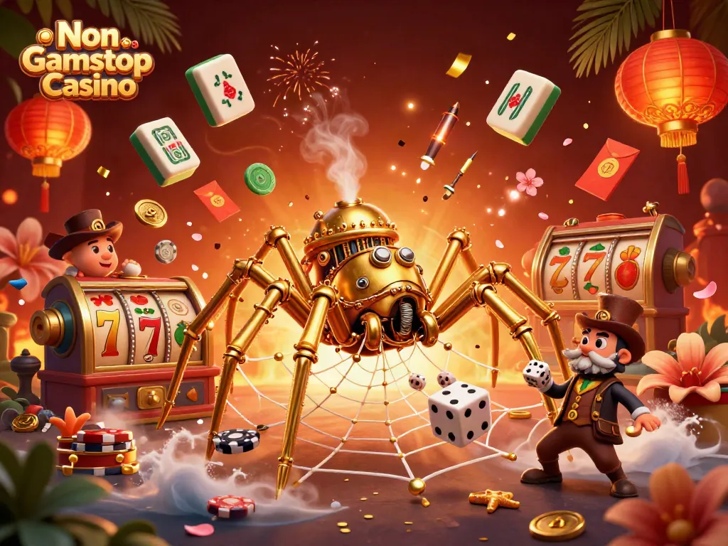 Engage with the Non Gamstop Casino experience through a dynamic 3D illustration of a golden spider and fly gentleman in a vibrant casino.