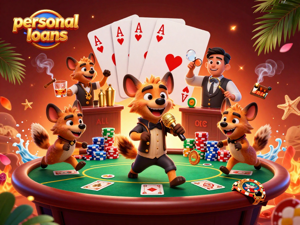 Engage in thrilling experiences with personal loans at a vibrant casino scene with hyenas.
