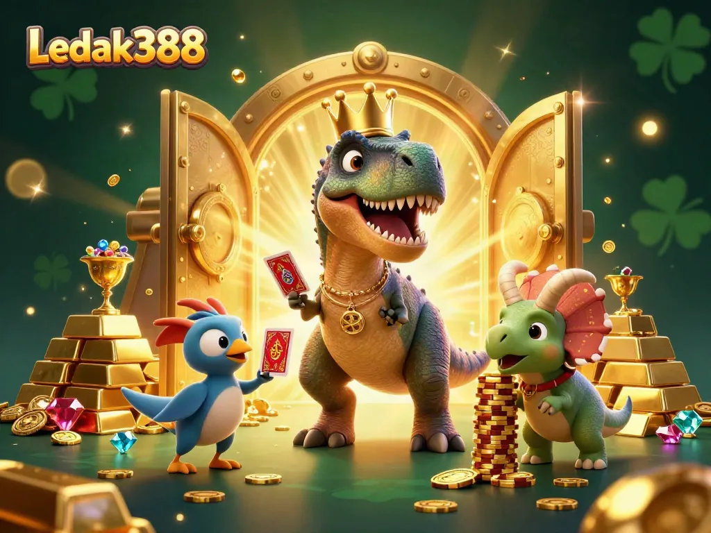 Ledak388 portrays a friendly T-Rex shuffling cards, assisted by a pterodactyl, amidst golden treasures.