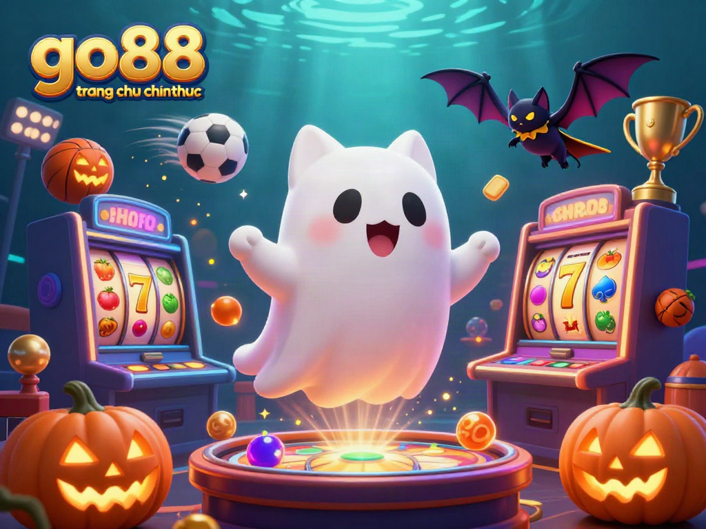 Play thrilling games at go88 trang chu chinh thuc with our vibrant casino illustration, featuring a ghost cat and sports elements.