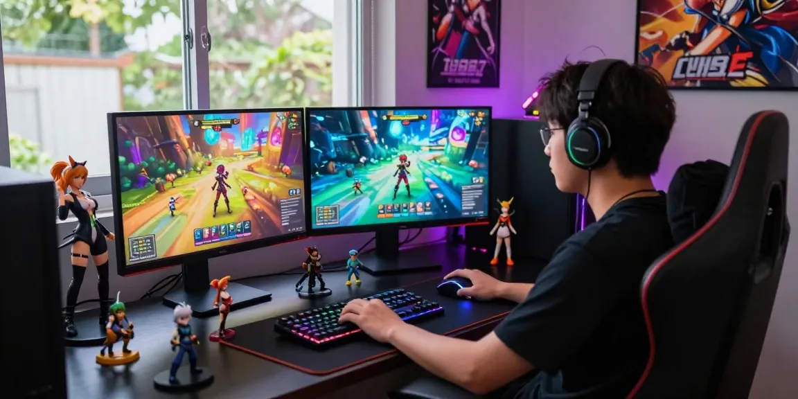 Immersive gaming setup showcasing colorful hentai games on dual monitors, vibrant atmosphere with gaming decor.