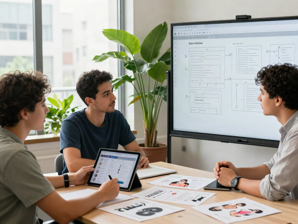 Research team discussing sex ai advancements in a bright modern office.