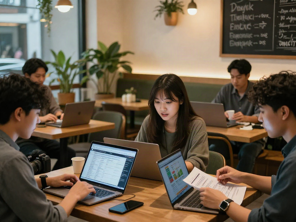 Engaged users discussing 토토사이트 검증 먹튀스팟 in a modern cafe environment.