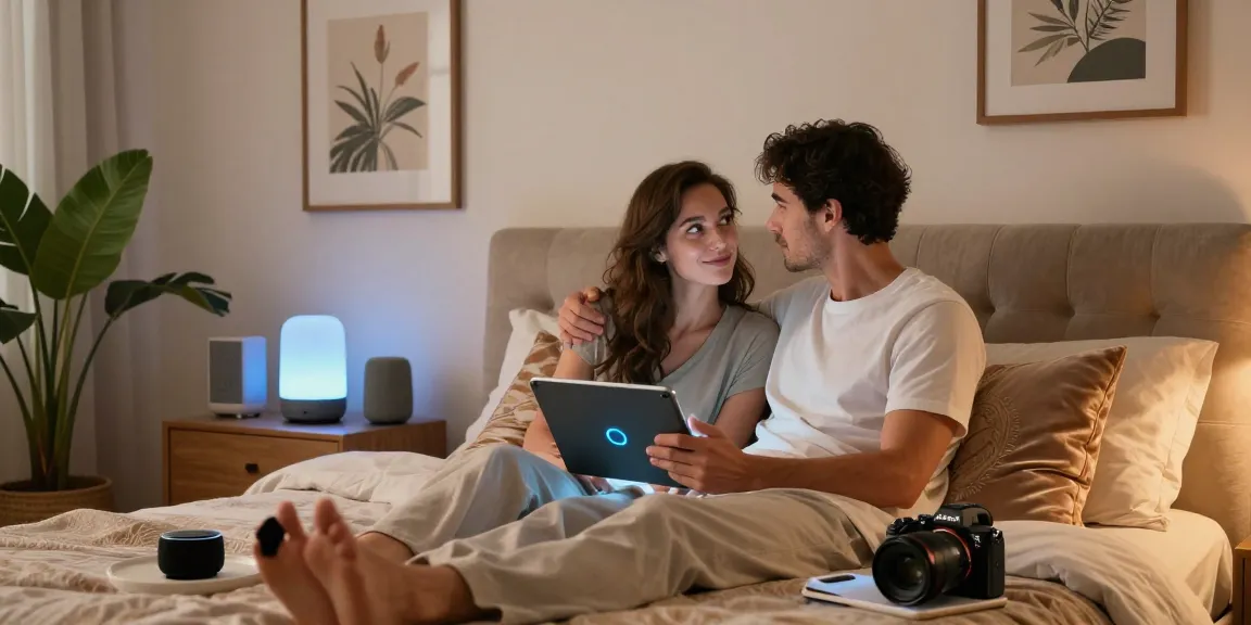 Couple engaging with sex AI tools in a modern, cozy bedroom setting.