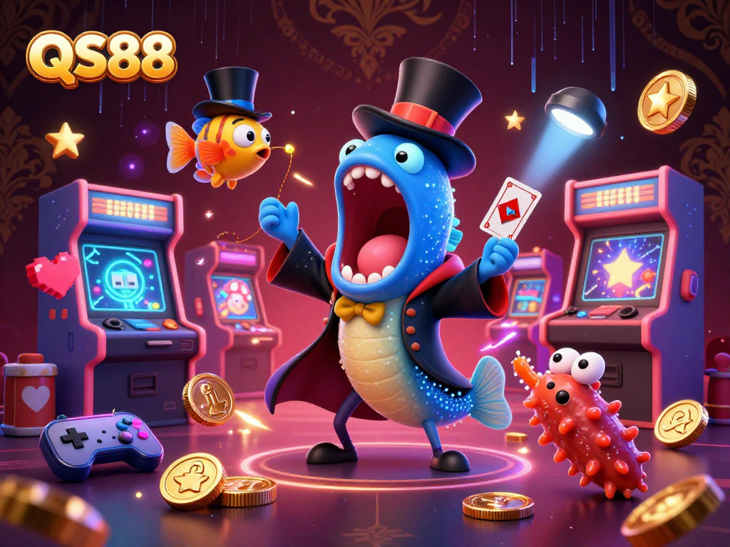 Experience an enchanting scene with QS88's magical gambling characters performing daring tricks in a vibrant casino.