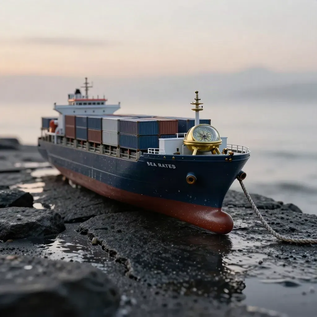 Container ship model with nautical hardware on dark stone in misty dawn light.