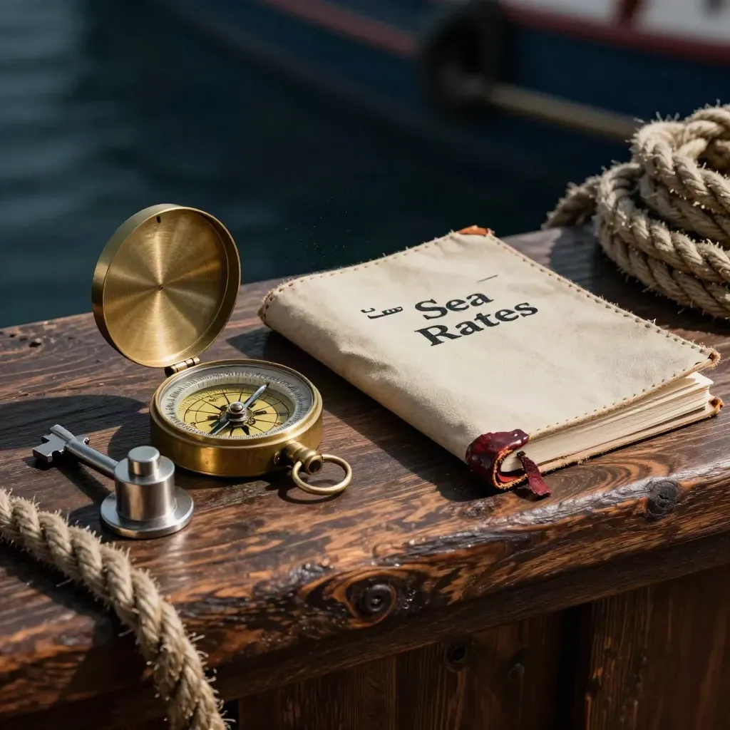 Brass compass, cargo seal and canvas dispatch journal on a dockside timber ledge in dramatic light.