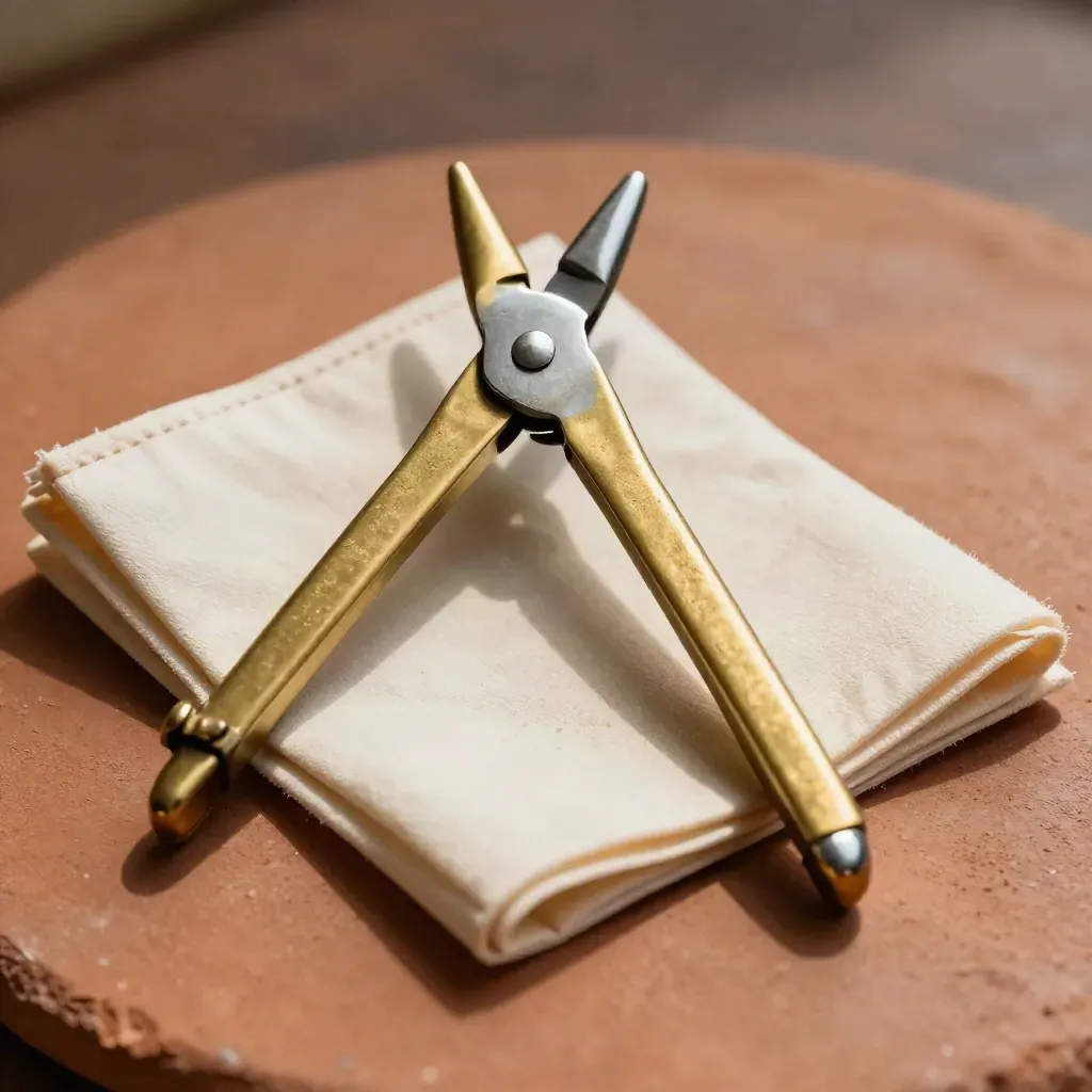 Brass dividers, stamped metal clip and folded sample pouch on terracotta clay.