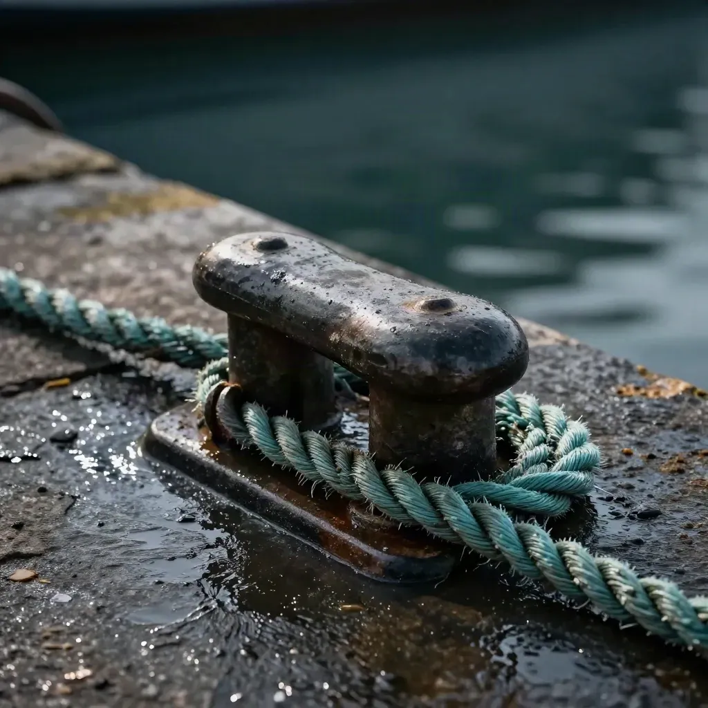 Mooring shackle, quay bumper and wet rope on a stone ledge with harbor spray.