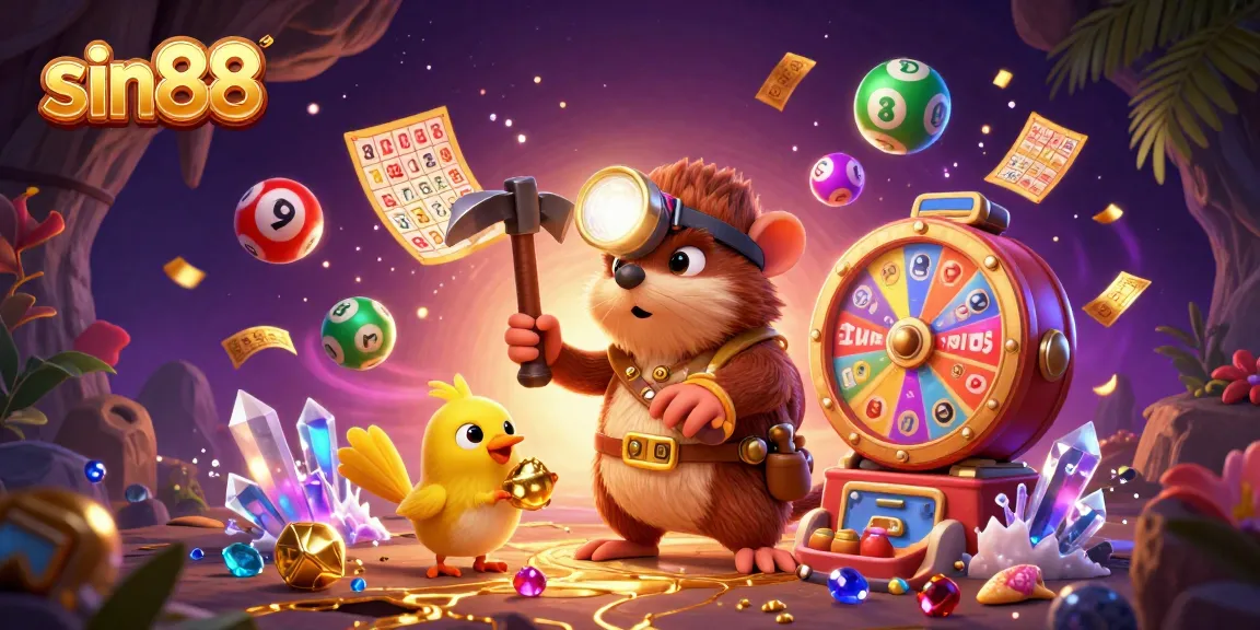 Win big with sin88 in a vibrant lottery-themed illustration showcasing dynamic prizes and energetic characters.