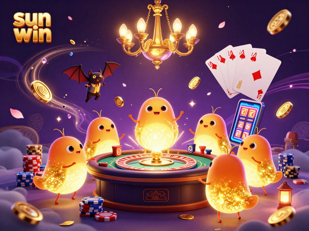 Experience the thrill of sun win with lively glowworms illuminating a vibrant casino scene filled with dazzling games and rich colors.