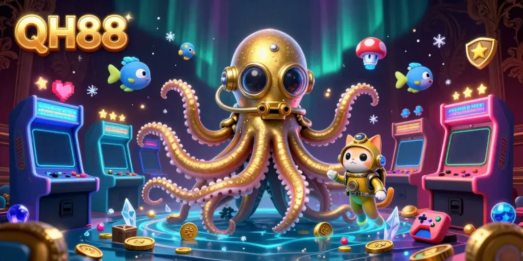 Engage with QH88's vibrant casino scene featuring a majestic kraken and a diving cat.