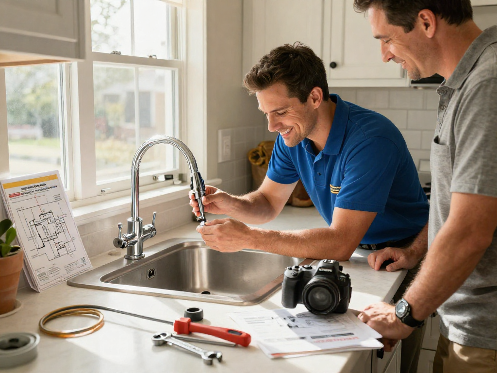 Expert plumber providing plumbing repair Fort Worth services in a well-lit kitchen, showcasing professional tools and friendly service.