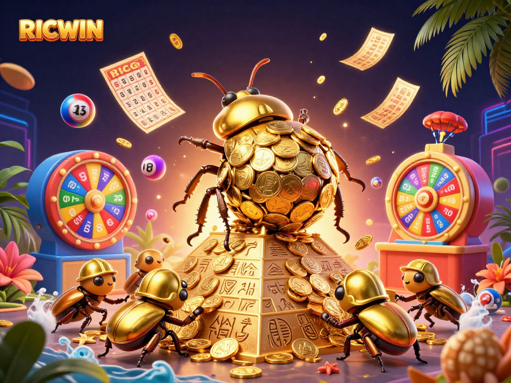 Experience RICWIN excitement with a vibrant scene of golden beetles and casino symbols.