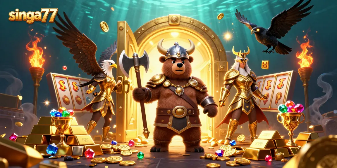 Engage with the thrilling experience at singa77, featuring dynamic slot reels amidst a treasure-filled scene.