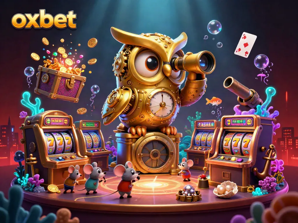 Engage with Oxbet's vibrant casino atmosphere and experience 3D characters exploring slot machines.