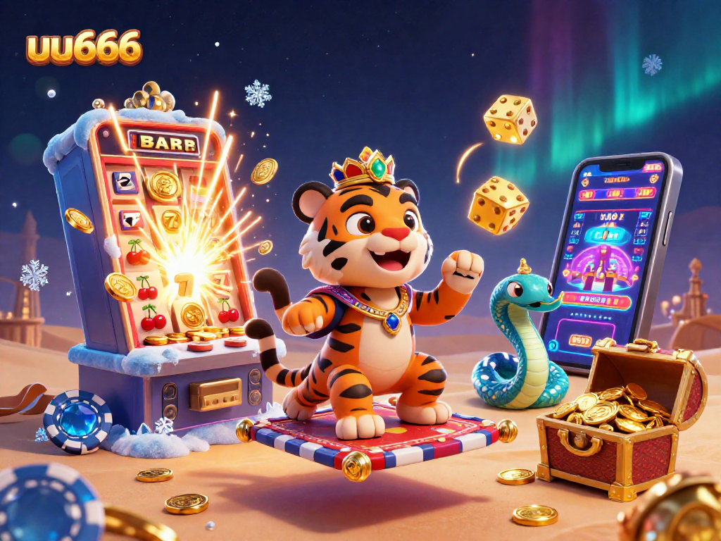 uu666 players engage with vibrant casino games in a magical Arabian-themed illustration.