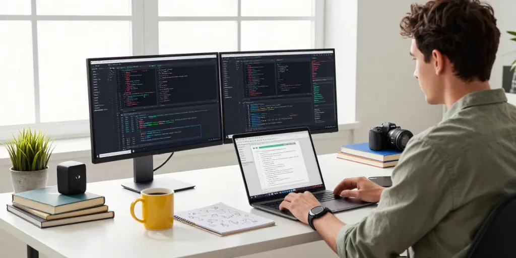 Developer engaged in instant indexing tasks at a tech workspace.