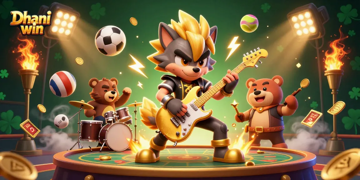 Dhani win casino illustration featuring a rock star wolf and drummer bear on stage with dynamic sports elements.