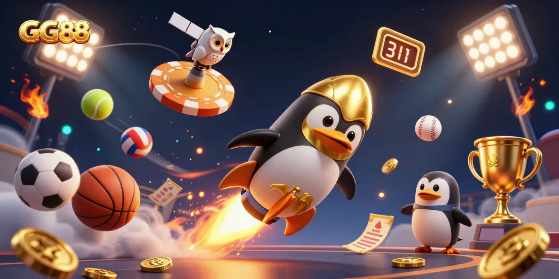 Experience the excitement of GG88 with dynamic gaming elements and a golden penguin in motion.