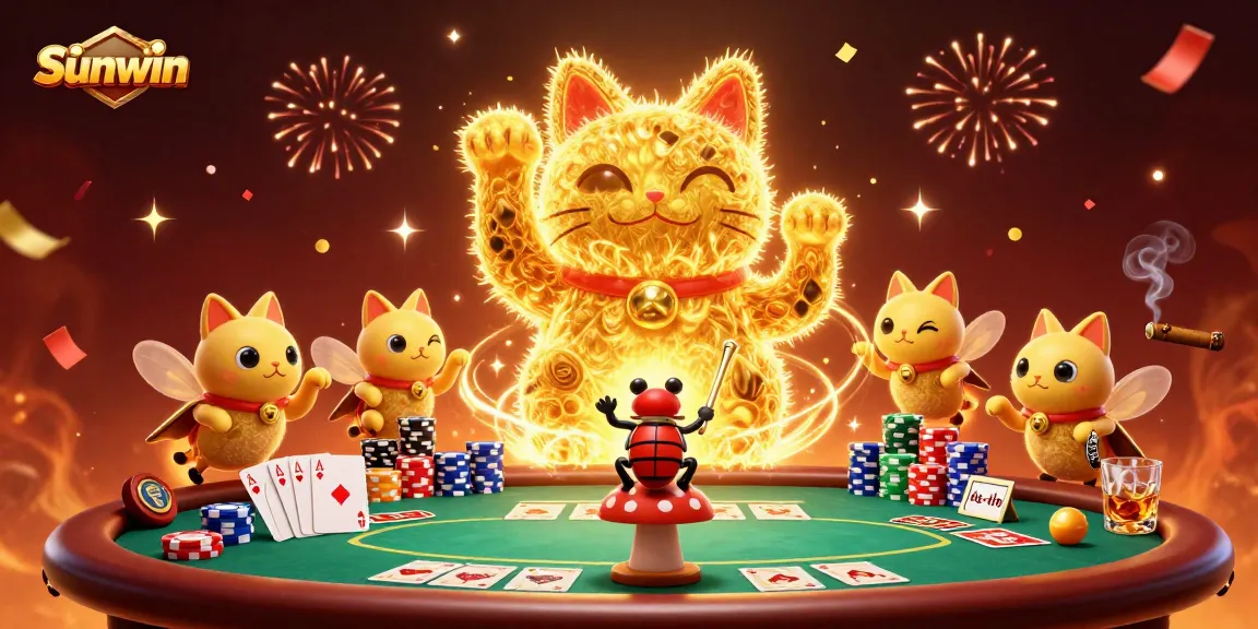 Experience the excitement of Sunwin with a dynamic scene of a lucky cat formed by fireflies at a poker table.