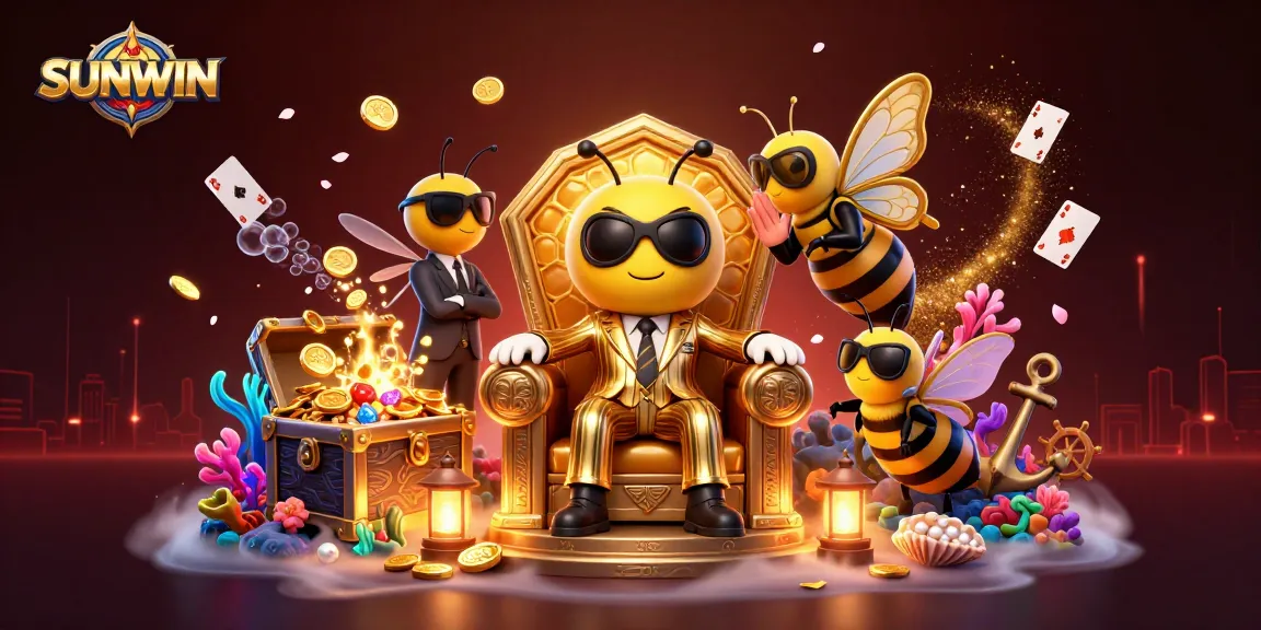 SUNWIN casino scene featuring a bumblebee mob boss, wasp bodyguards, gold coins, and game elements.