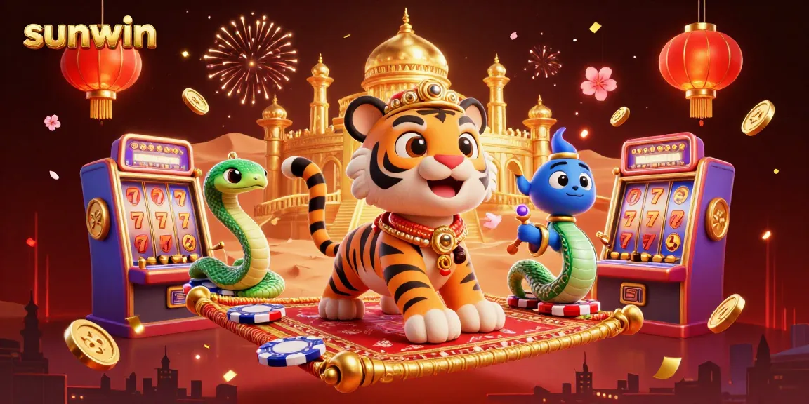 Experience thrilling wins with sunwin's vibrant casino scene showcasing a tiger sultan and dynamic slot machines.