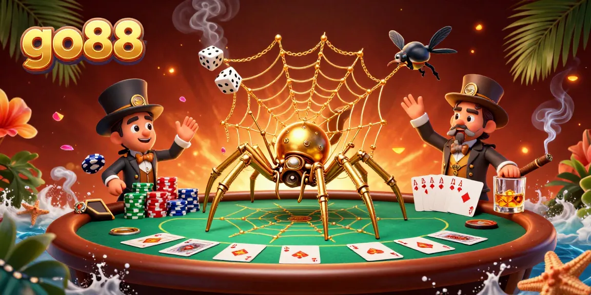 Experience thrilling poker action with go88, where a golden spider catches dice in a web of chance.