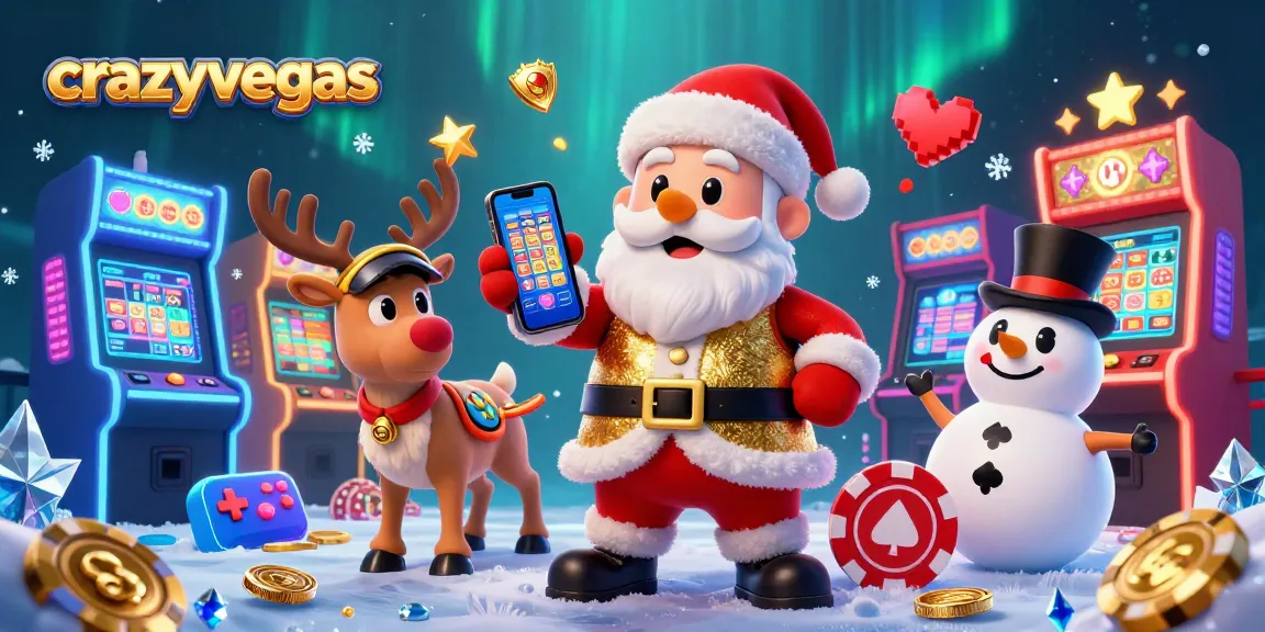 Play thrilling jackpot slots with crazyvegas as Santa Claus and friends in a vibrant casino scene.
