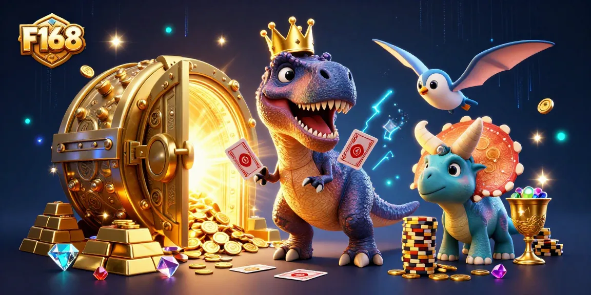 Join the thrilling experience at F168 with a T-Rex shuffling cards and a baby triceratops stacking golden chips.