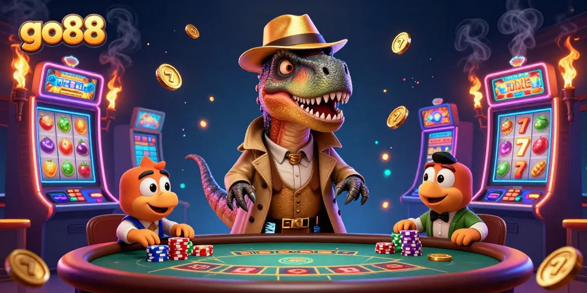 Experience thrilling games at go88 with a velociraptor card counter in a vibrant casino scene.